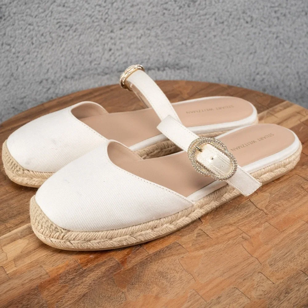 Stuart Weitzman Crystal Buckle Espadrille Mule in White Sz: 7 Women $395